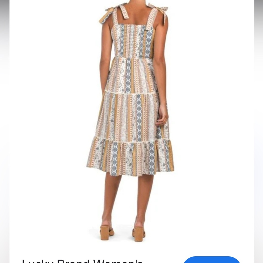 New Lucky Brand Shoulder Tie Tiered Dobby Midi Dress - Picture 7 of 16